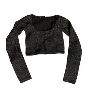 Zara Black Silver Metallic XS Cropped Scoop Neck Long Sleeve Y2K Glam Top